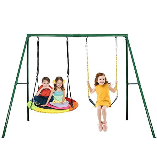 YACOOL 440lbs Swing Set with 40 Inch Saucer Tree Swing Heavy Duty A-Frame Metal Swing Stand and Adjustable Hanging Rope Strong UV Resistance Round Swing for Backyard Playground Park